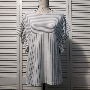 Doe & Rae Flutter Sleeve Top Women's Size Small White Black Striped Relaxed‎